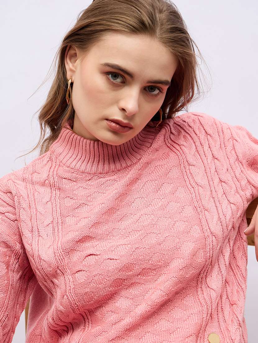 women pink self design long sleeve pullover - 21704008 -  Standard Image - 5