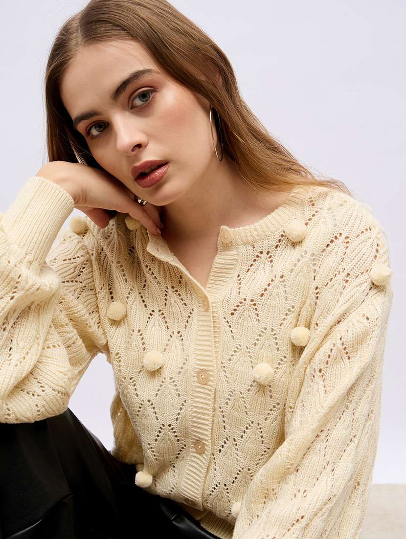 women cream self design long sleeve cardigans - 21704012 -  Standard Image - 5