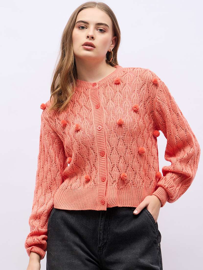 women orange self design long sleeve cardigans - 21704013 - Zoom Image - 0
