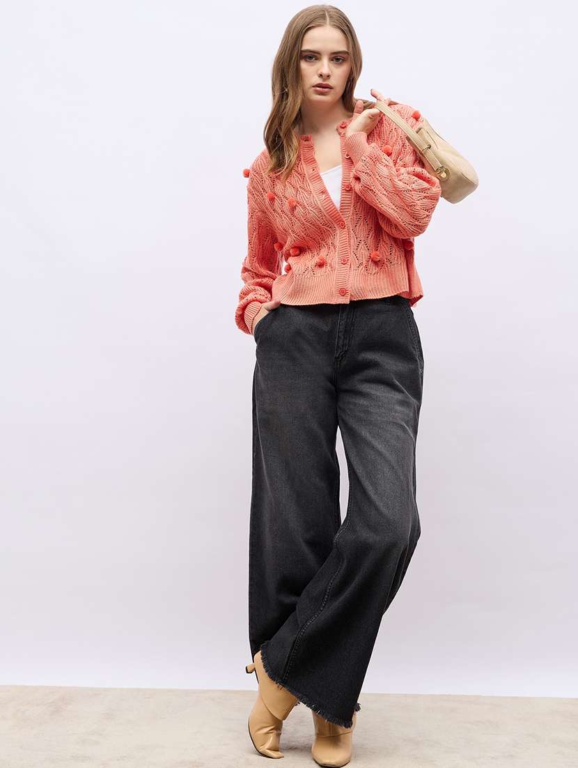 women orange self design long sleeve cardigans - 21704013 - Standard Image - 3
