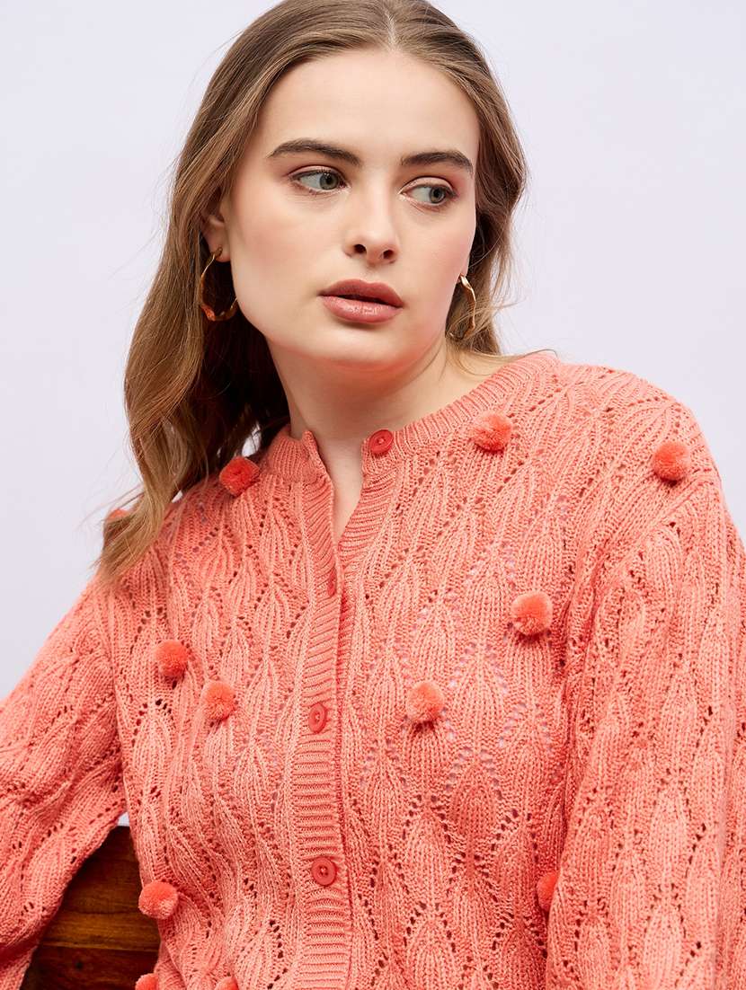 women orange self design long sleeve cardigans - 21704013 - Standard Image - 5