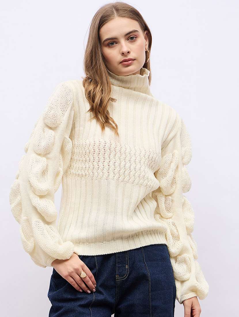 women cream self design long sleeve pullover - 21704016 -  Zoom Image - 0