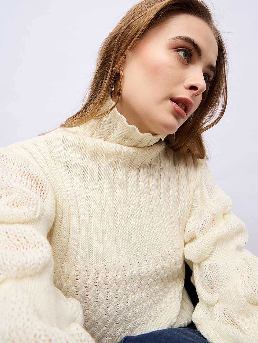 women cream self design long sleeve pullover - 21704016 -  Standard Image - 5