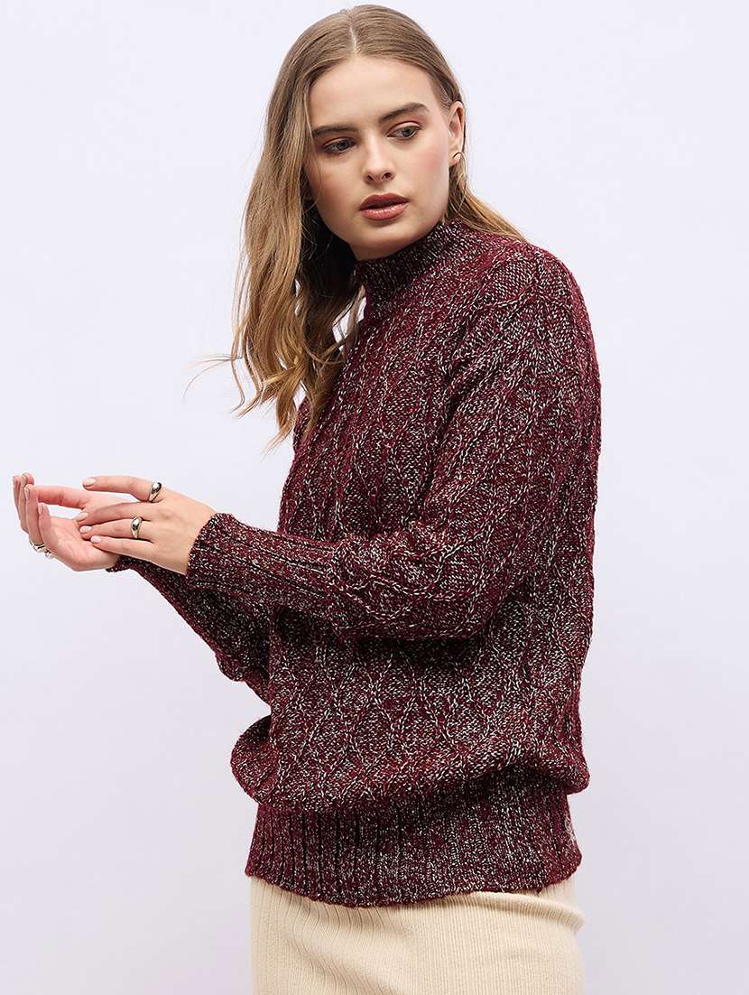 women brown self design long sleeve pullover - 21704017 -  Standard Image - 3