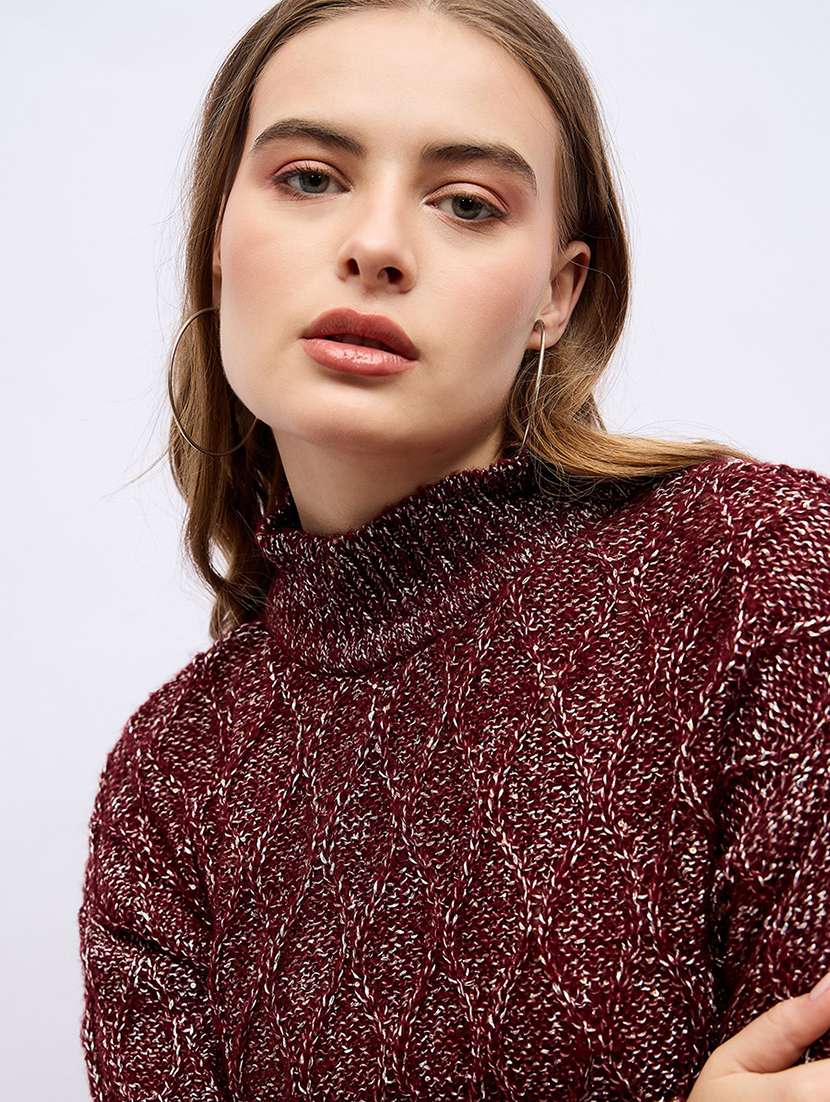 women brown self design long sleeve pullover - 21704017 -  Standard Image - 5