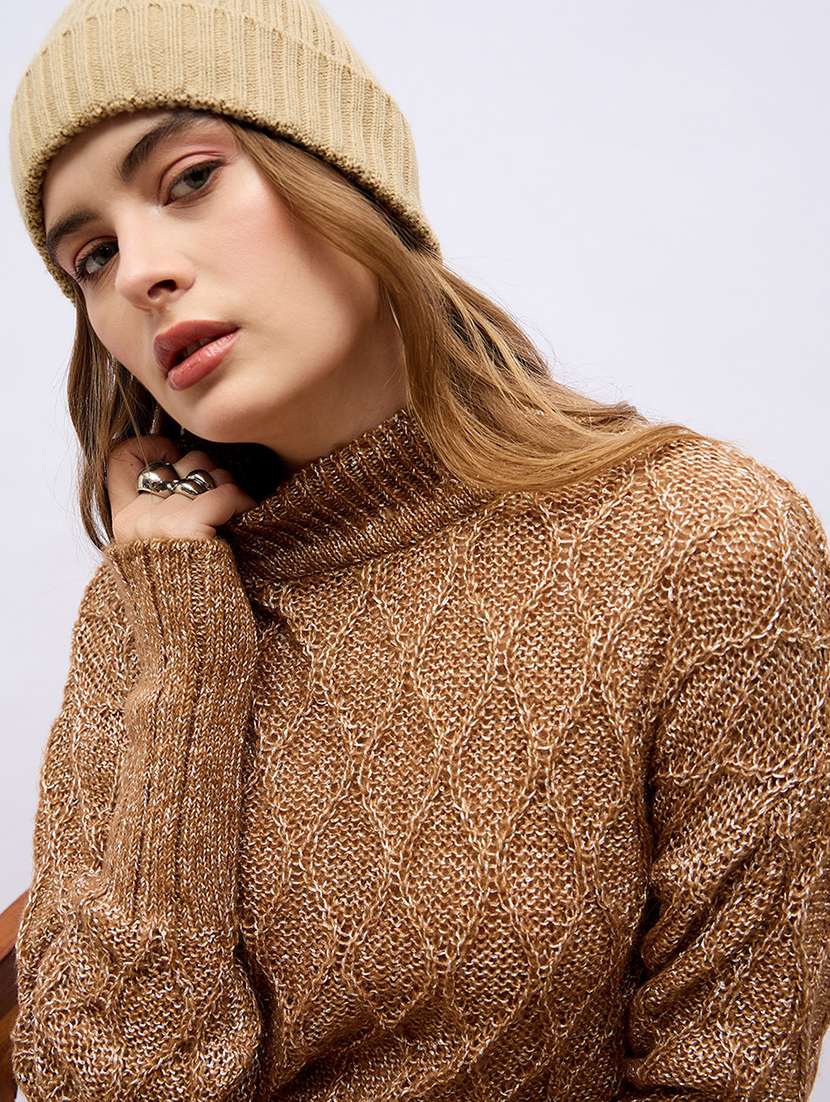 women brown self design long sleeve pullover - 21704018 -  Standard Image - 5