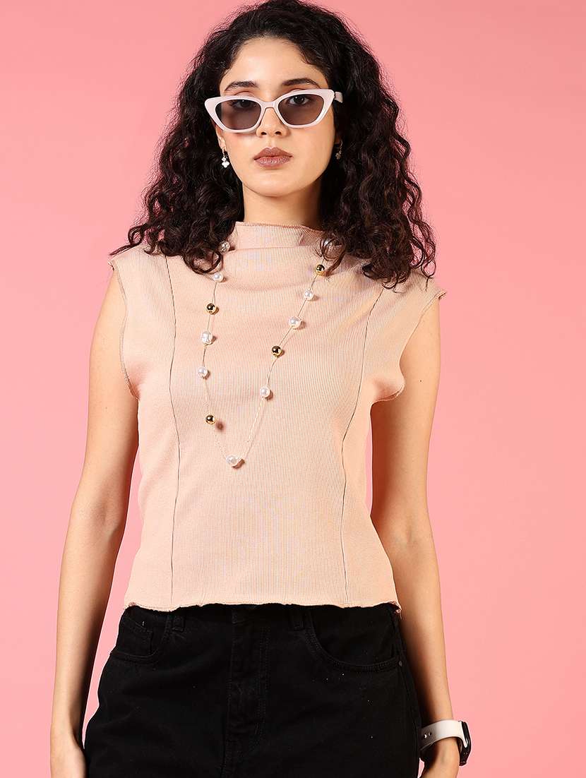 women solid mock neck sleeveless top