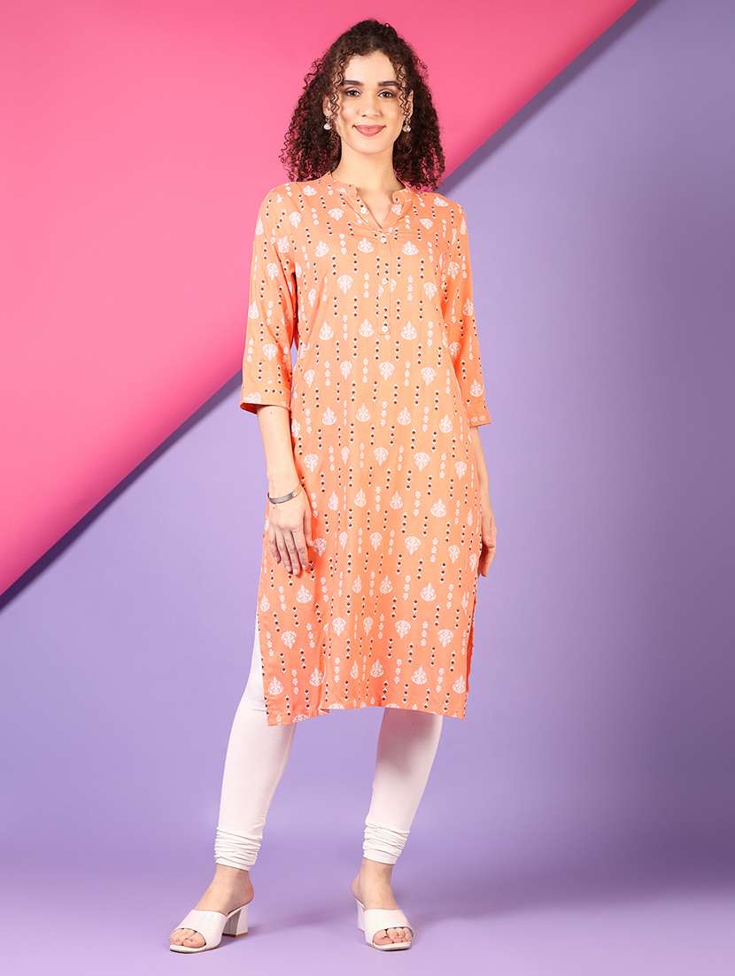 women printed three quarter sleeve straight kurta