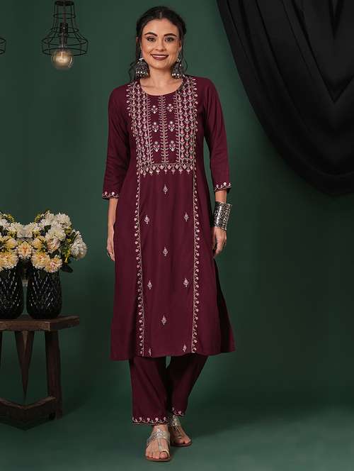 globus women purple embroidered yoke calf length straight kurta & pants ethnic set - 21704431 -  Standard Image - 0