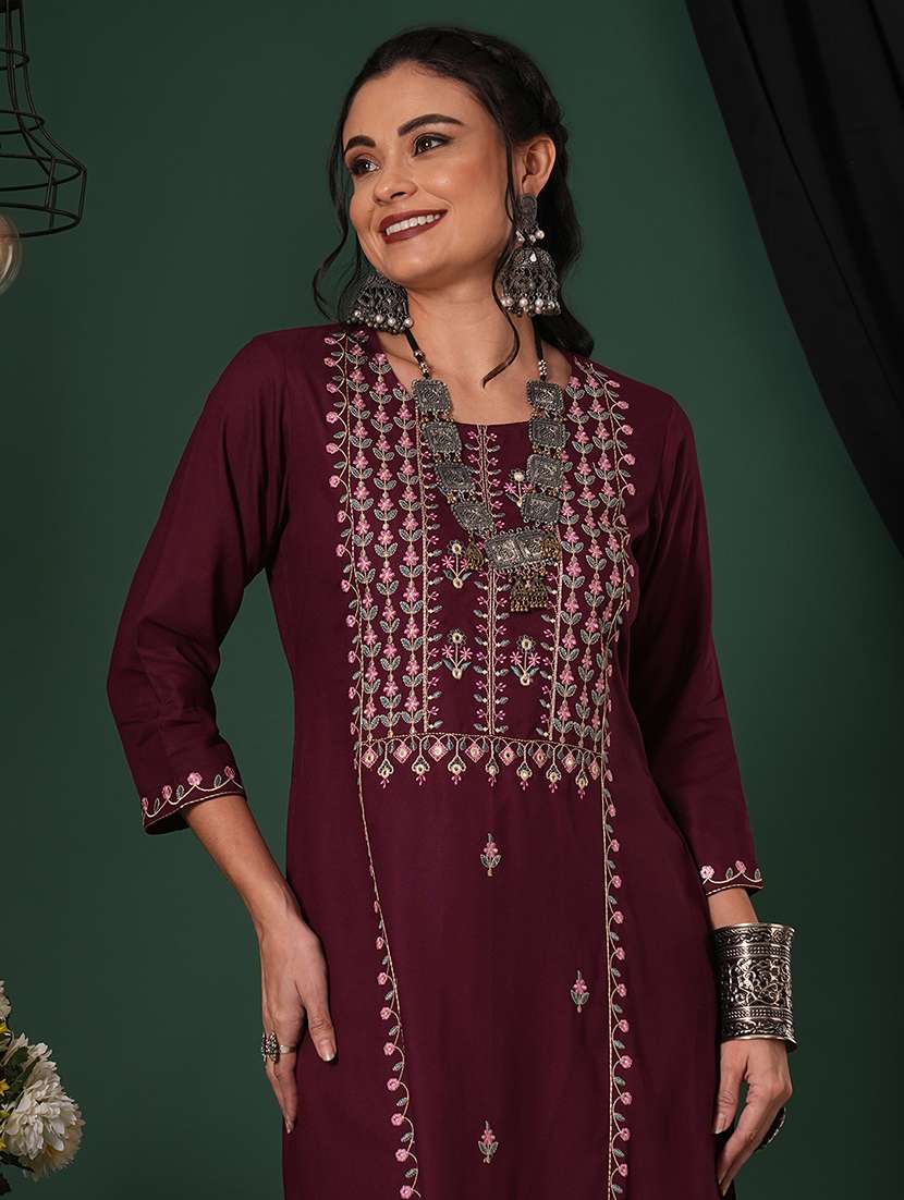 globus women purple embroidered yoke calf length straight kurta & pants ethnic set - 21704431 -  Standard Image - 3