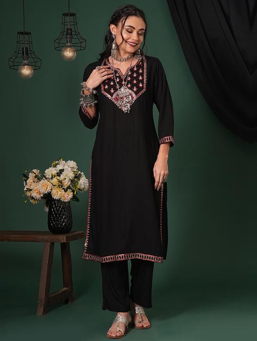 globus women black sequinned embroidered yoke calf length straight kurta & pants ethnic set - 21704432 -  Standard Image - 0