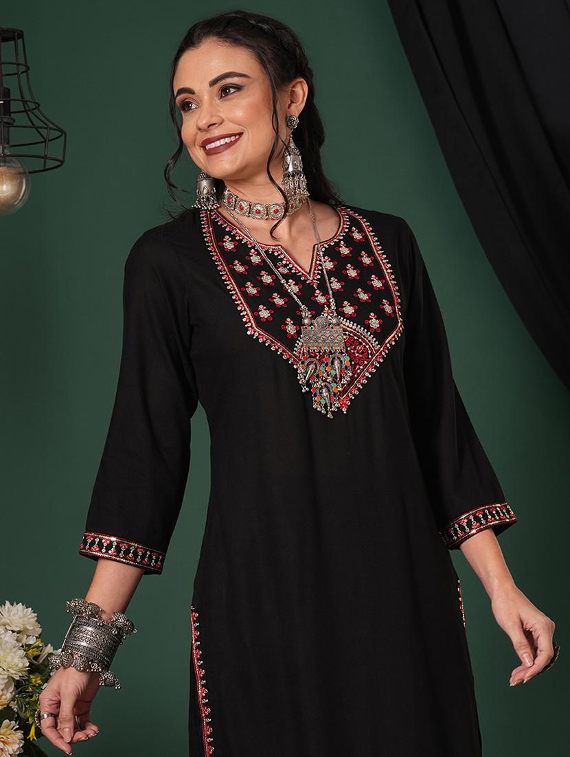globus women black sequinned embroidered yoke calf length straight kurta & pants ethnic set - 21704432 - Standard Image - 3