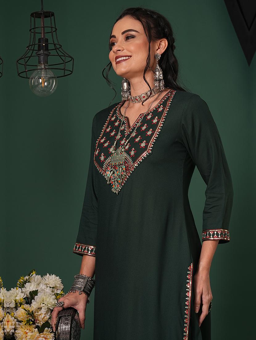 globus women teal sequinned embroidered yoke calf length straight kurta & pants ethnic set - 21704433 - Standard Image - 3