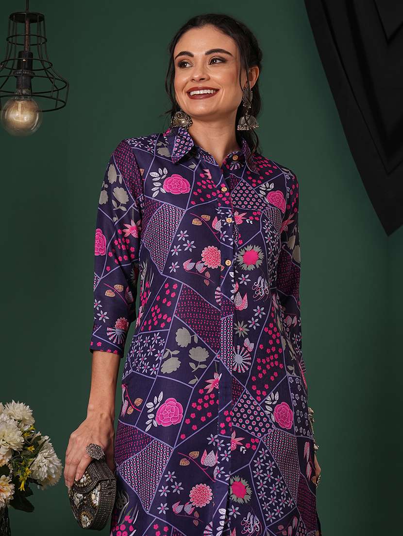 globus women purple abstract printed shirt collar calf length straight kurta & pants fusion set - 21704435 -  Standard Image - 3