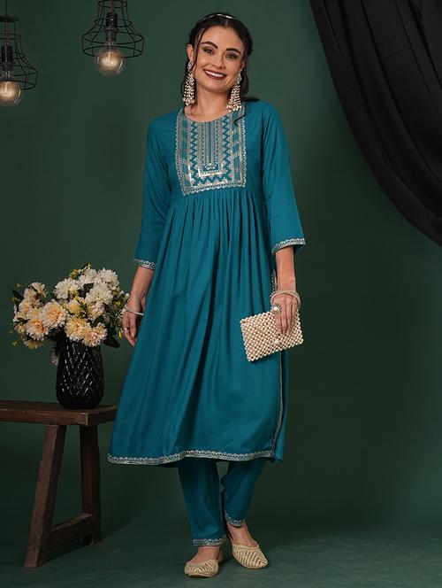 globus women teal zari & sequinned yoke gathered a-line kurta with straight pants festive set - 21704436 -  Standard Image - 0