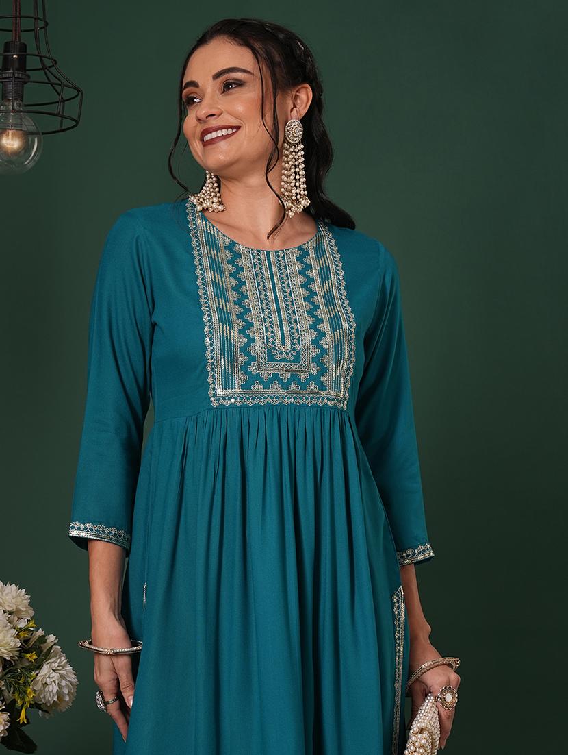 globus women teal zari & sequinned yoke gathered a-line kurta with straight pants festive set - 21704436 - Standard Image - 3
