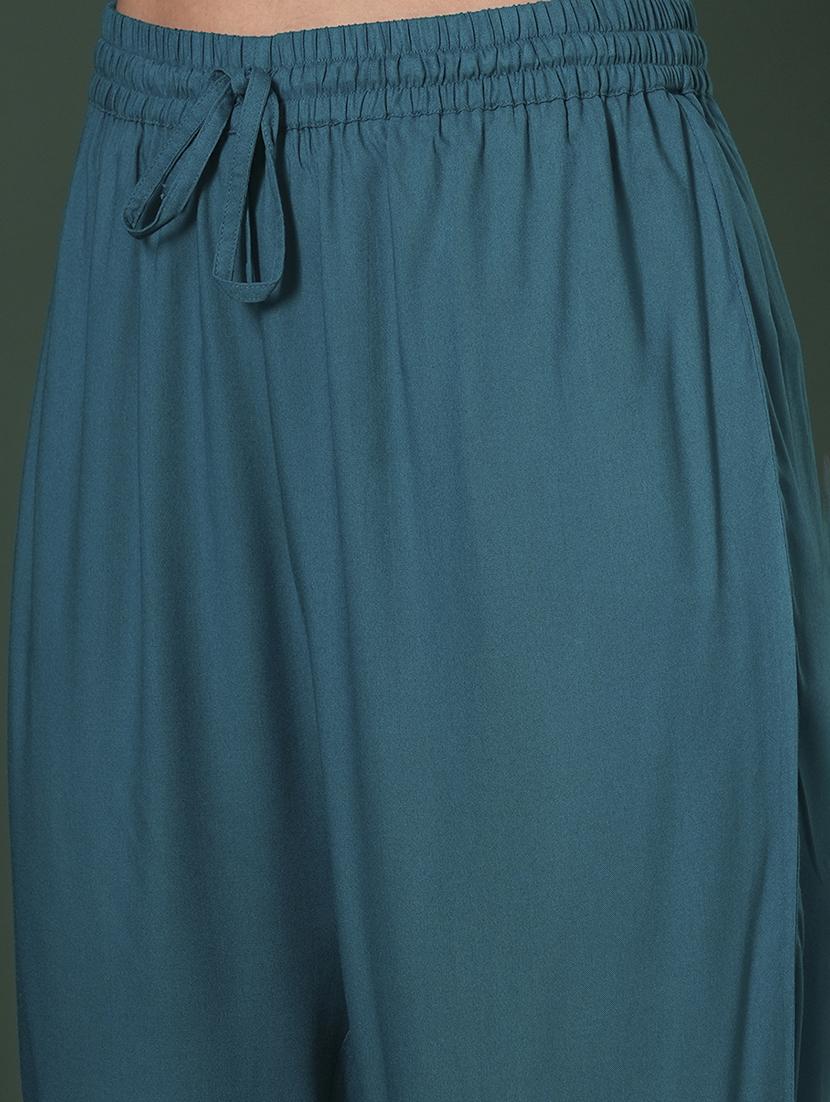 globus women teal zari & sequinned yoke gathered a-line kurta with straight pants festive set - 21704436 - Standard Image - 5
