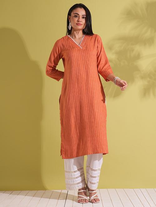 globus women rust lace insert v-neck striped woven design straight workwear kurta - 21704439 -  Standard Image - 0