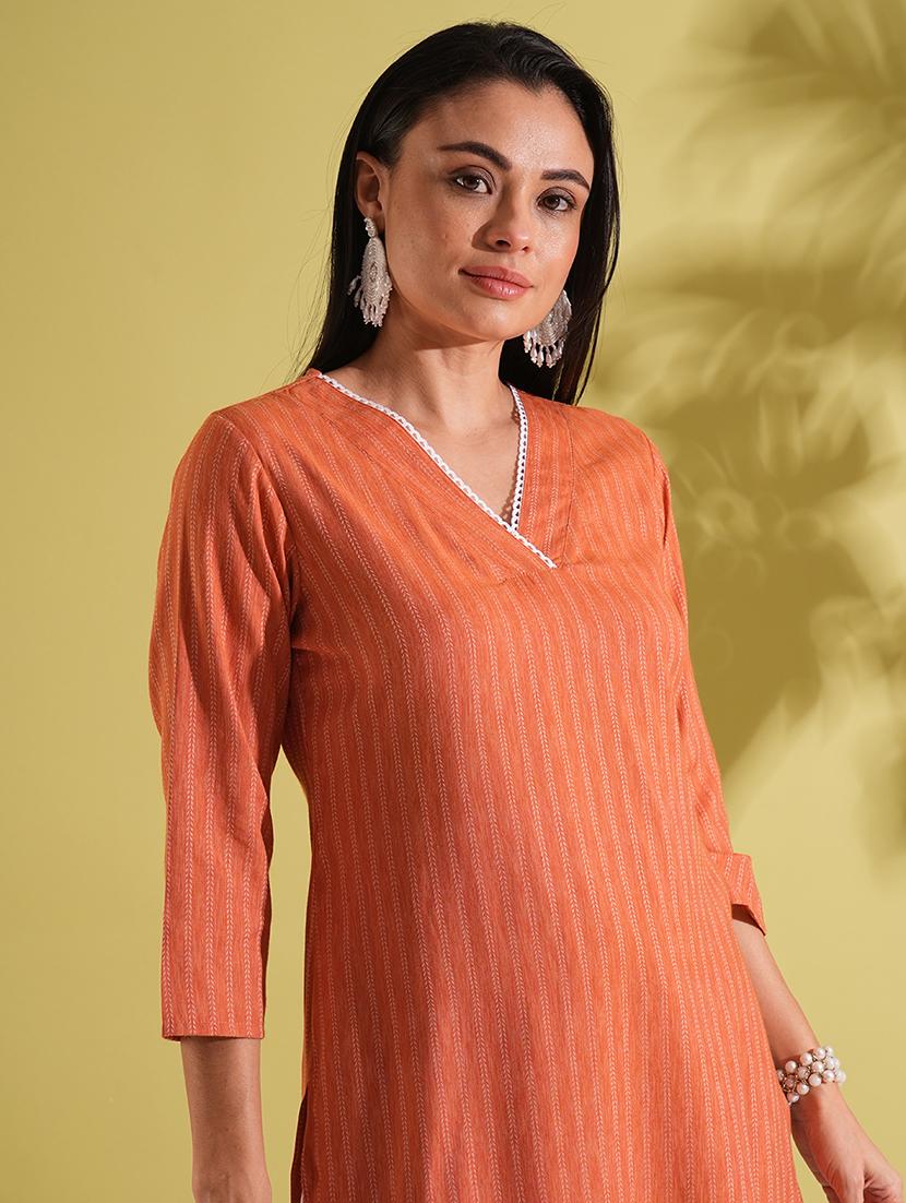 globus women rust lace insert v-neck striped woven design straight workwear kurta - 21704439 -  Standard Image - 3