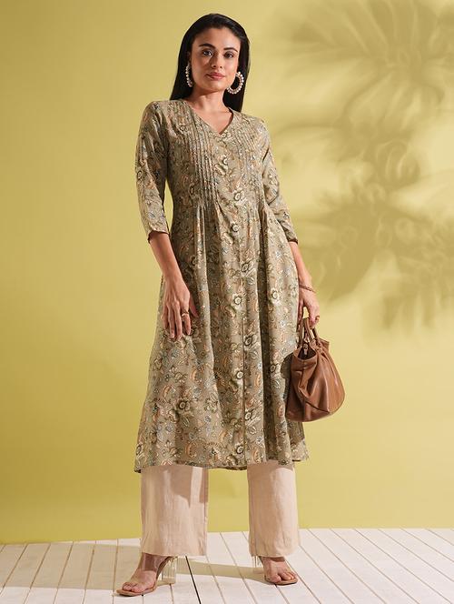 globus women green v-neck allover floral print front slit pleated a-line workwear kurta - 21704440 - Standard Image - 0