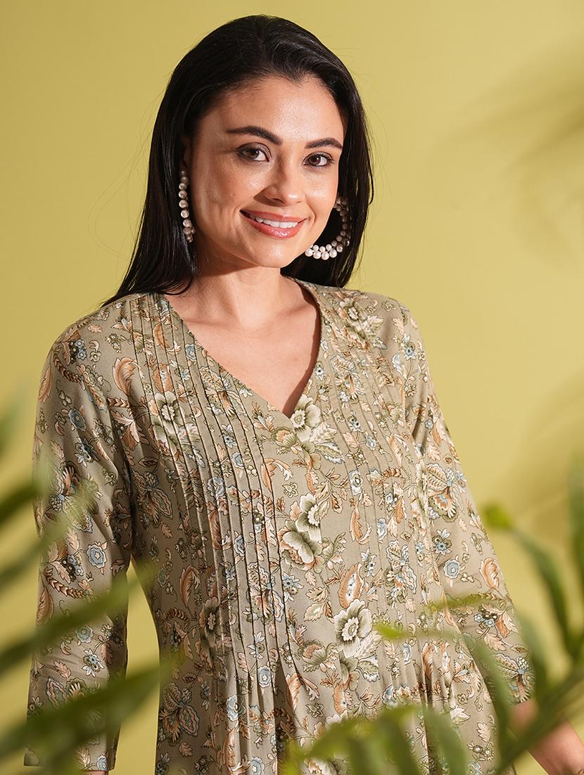 globus women green v-neck allover floral print front slit pleated a-line workwear kurta - 21704440 - Standard Image - 3