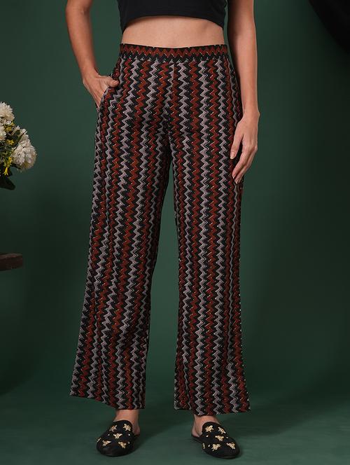 globus women black cotton chevron print mid-rise ethnic parallel trousers - 21704446 - Standard Image - 0