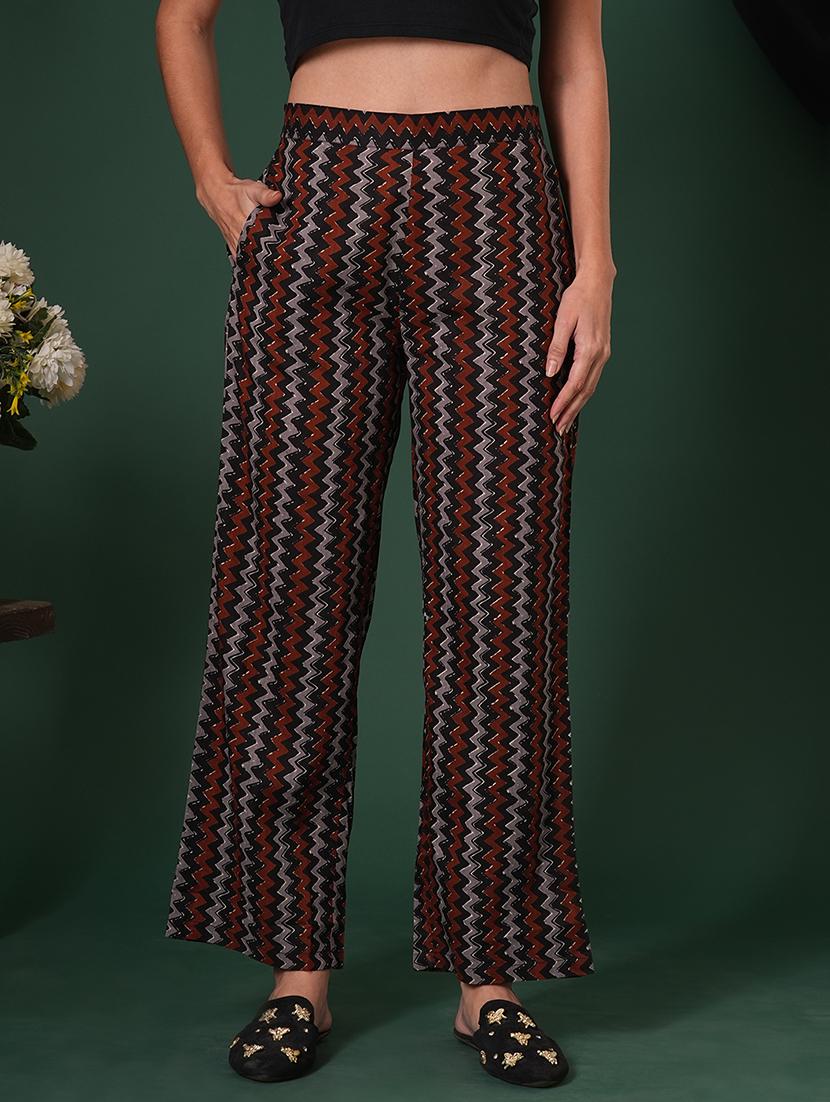 globus women black cotton chevron print mid-rise ethnic parallel trousers - 21704446 - Zoom Image - 0