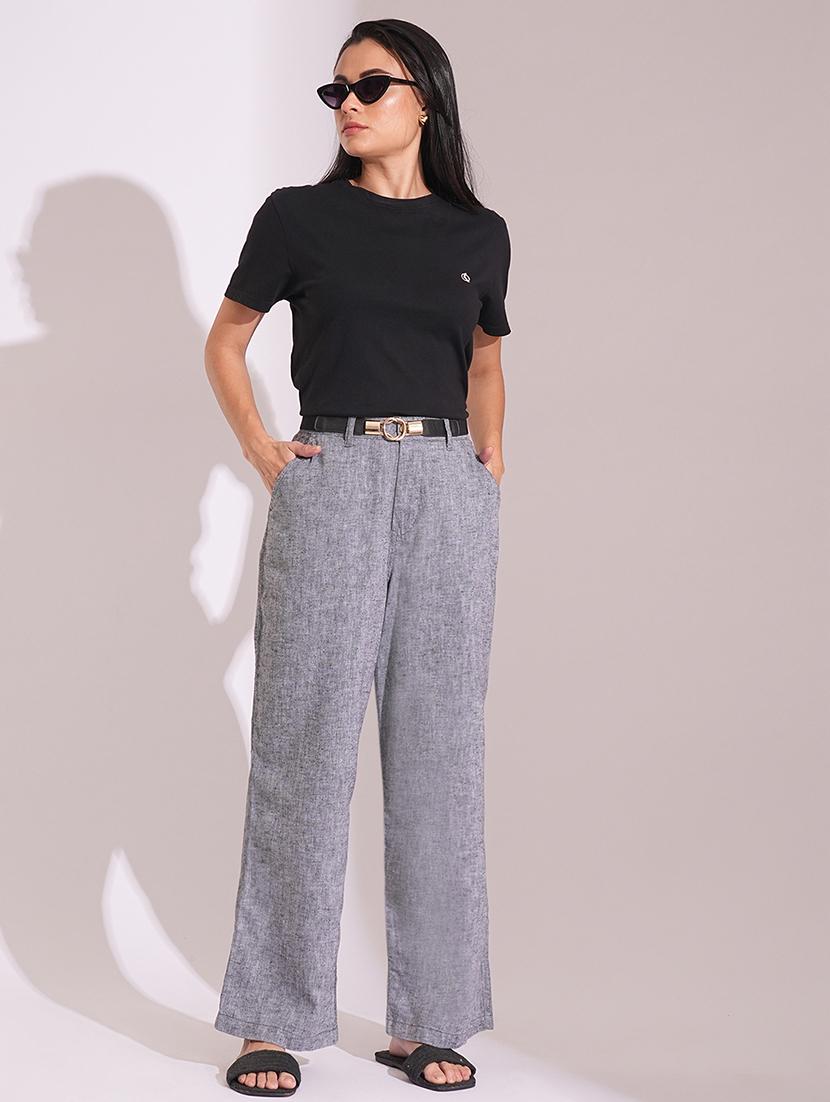 globus women charcoal cotton high-rise wide leg formal trousers - 21704448 - Standard Image - 3