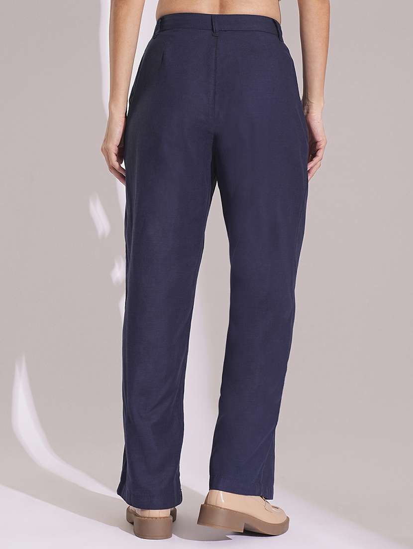 globus women navy cotton high-rise wide leg formal trousers - 21704449 -  Standard Image - 3