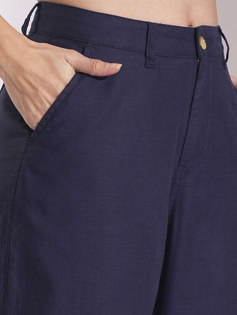 globus women navy cotton high-rise wide leg formal trousers - 21704449 -  Standard Image - 5