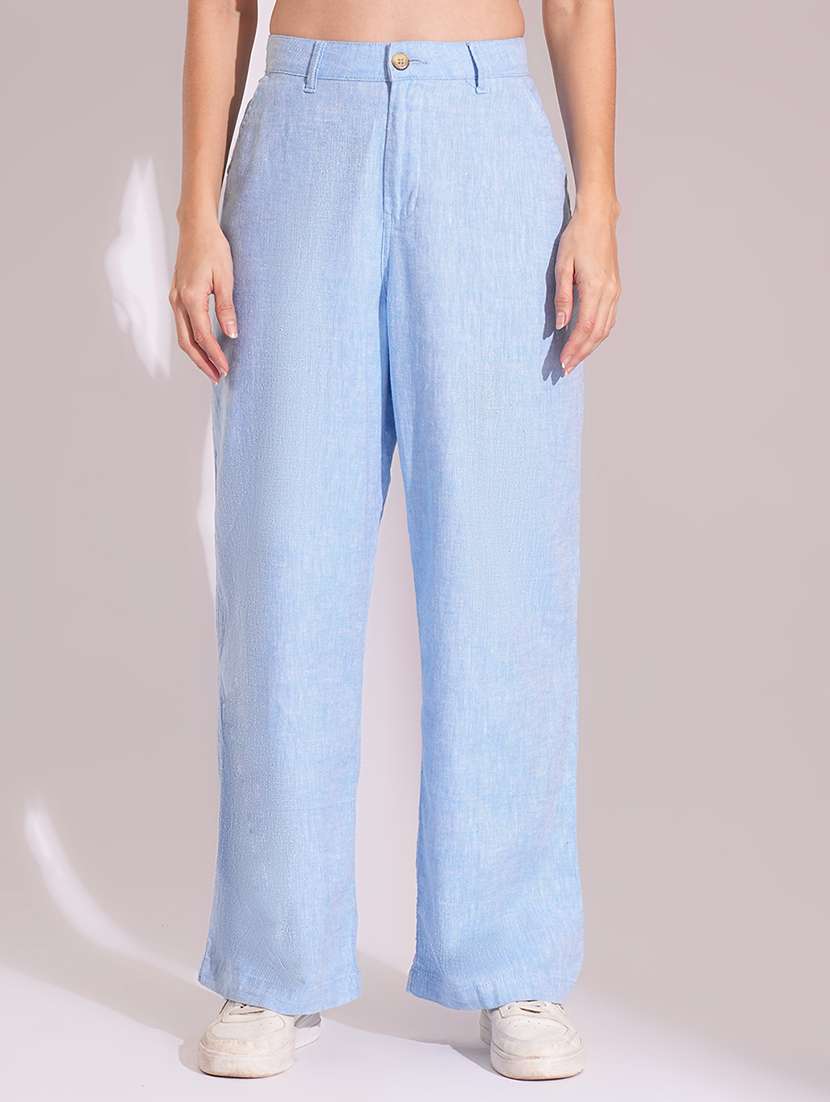 globus women light blue cotton high-rise wide leg formal trousers