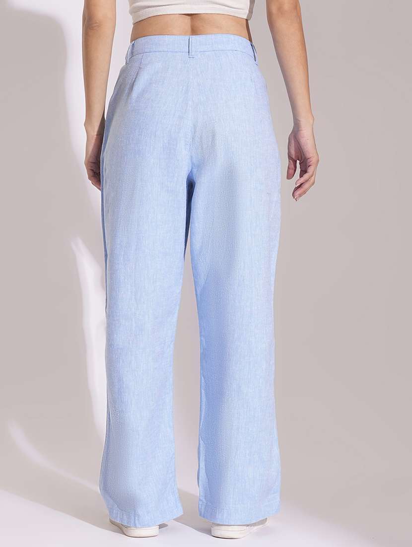 globus women light blue cotton high-rise wide leg formal trousers - 21704452 - Standard Image - 3