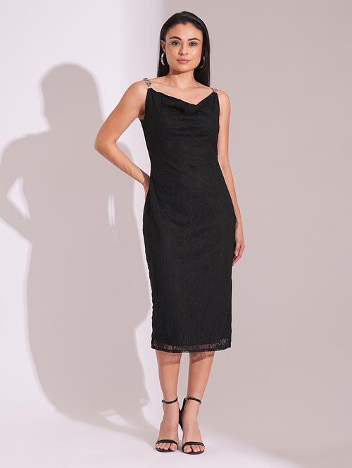 globus women black cowl neck metal shoulder straps side slits lace bodycon midi party dress - 21704456 -  Standard Image - 0