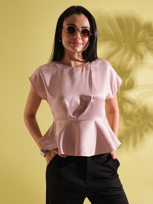 globus women pink satin round neck extended sleeves peplum work wear top - 21704460 -  Standard Image - 0