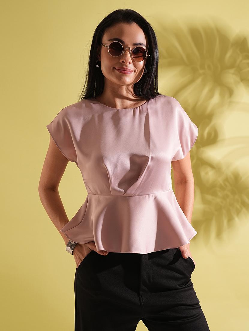 globus women pink satin round neck extended sleeves peplum work wear top - 21704460 -  Zoom Image - 0