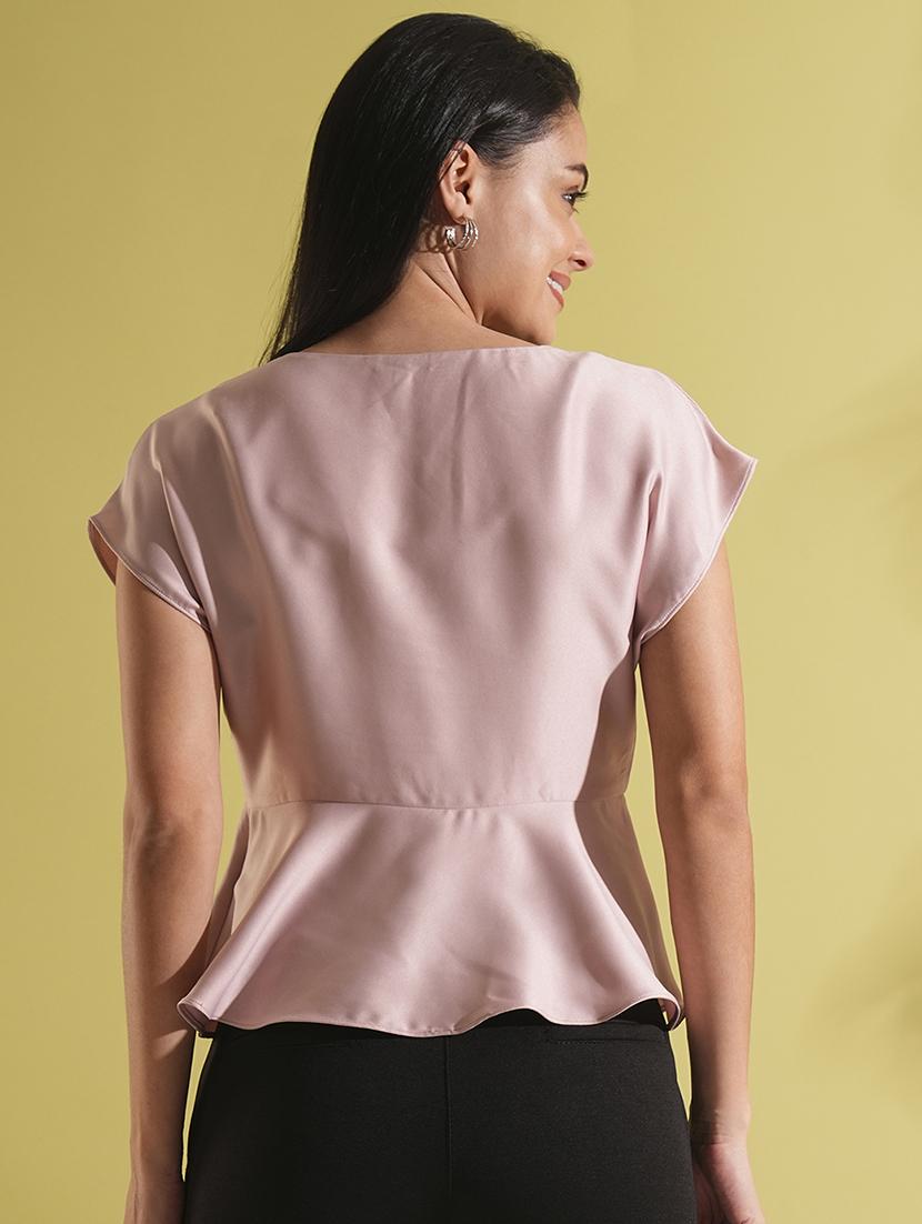 globus women pink satin round neck extended sleeves peplum work wear top - 21704460 - Standard Image - 3