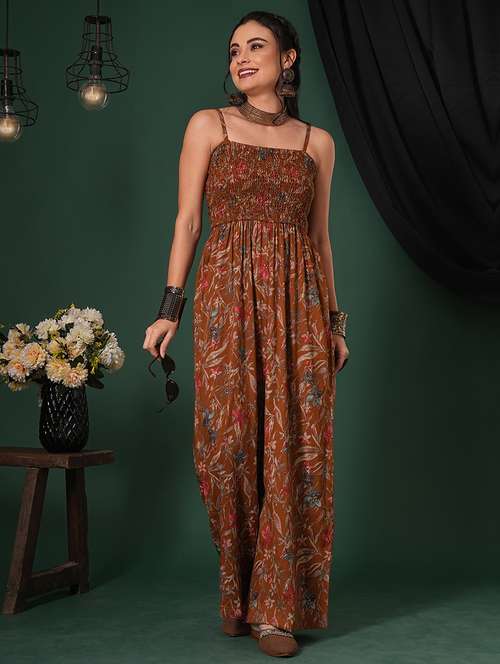 globus women mustard square neck adjustable strappy shoulder smocked floral print fusion jumpsuit - 21704471 -  Standard Image - 0