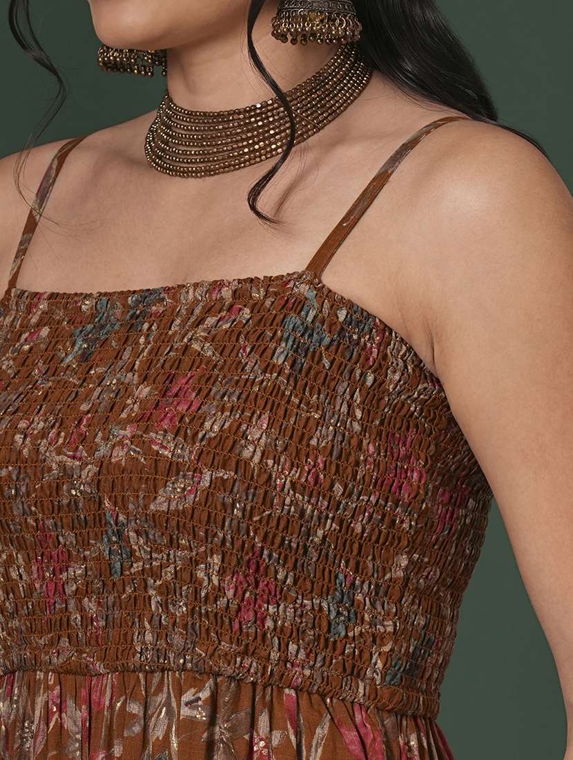 globus women mustard square neck adjustable strappy shoulder smocked floral print fusion jumpsuit - 21704471 -  Standard Image - 3