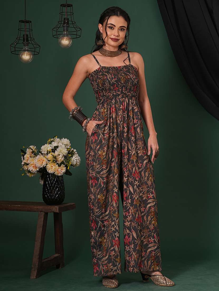 globus women grey square neck adjustable strappy shoulder smocked floral print fusion jumpsuit