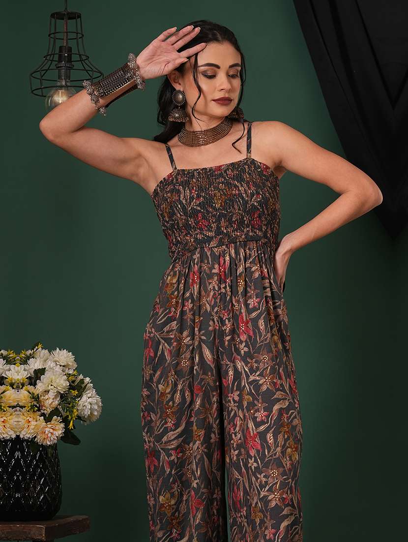 globus women grey square neck adjustable strappy shoulder smocked floral print fusion jumpsuit - 21704472 -  Standard Image - 3