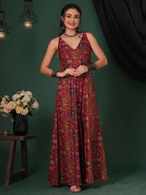 globus women maroon v-neck tassel tie-up shoulder straps ethnic floral print flared fusion jumpsuit - 21704473 - Standard Image - 0