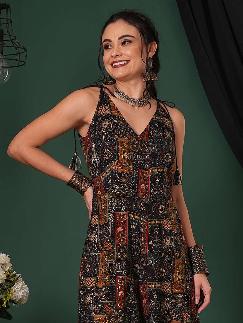 globus women blue v-neck tassel tie-up shoulder straps ethnic floral print flared fusion jumpsuit - 21704474 - Standard Image - 3