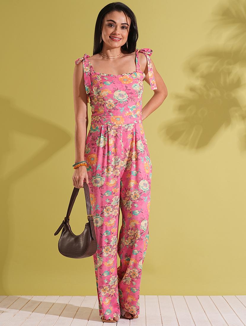 globus women pink frill detail sweetheart neck tie-up strappy shoulder floral print fusion jumpsuit - 21704475 - Zoom Image - 0