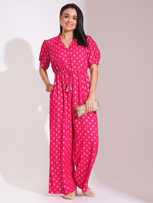 globus women pink notched lapel puff sleeves gold foil ethnic print waist tie-up tassel detail fusion jumpsuit - 21704477 -  Standard Image - 0