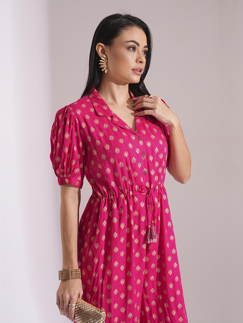 globus women pink notched lapel puff sleeves gold foil ethnic print waist tie-up tassel detail fusion jumpsuit - 21704477 - Standard Image - 3