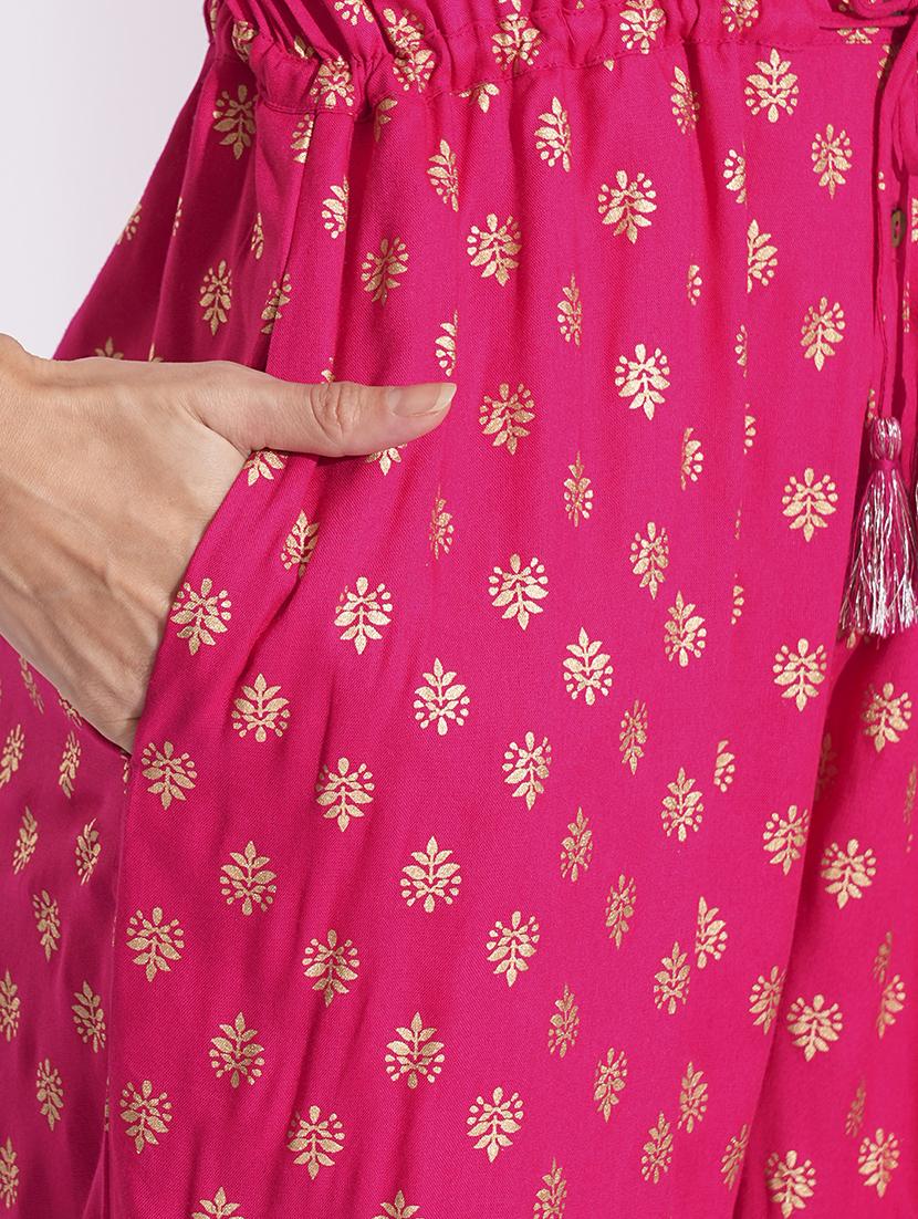 globus women pink notched lapel puff sleeves gold foil ethnic print waist tie-up tassel detail fusion jumpsuit - 21704477 - Standard Image - 5