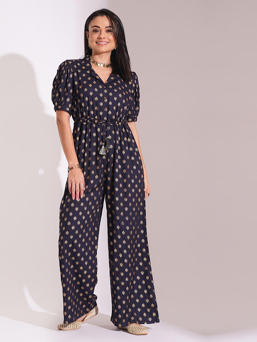 globus women blue notched lapel puff sleeves gold foil ethnic print waist tie-up tassel detail fusion jumpsuit - 21704478 -  Zoom Image - 0
