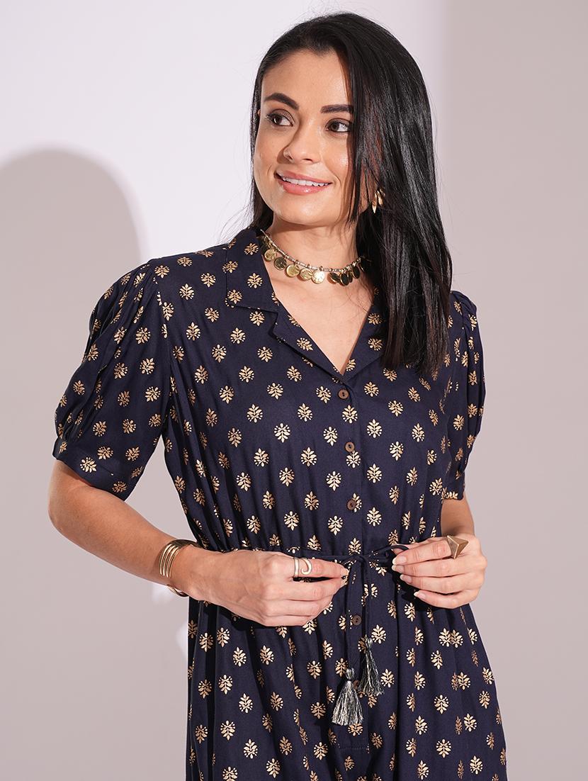 globus women blue notched lapel puff sleeves gold foil ethnic print waist tie-up tassel detail fusion jumpsuit - 21704478 - Standard Image - 3