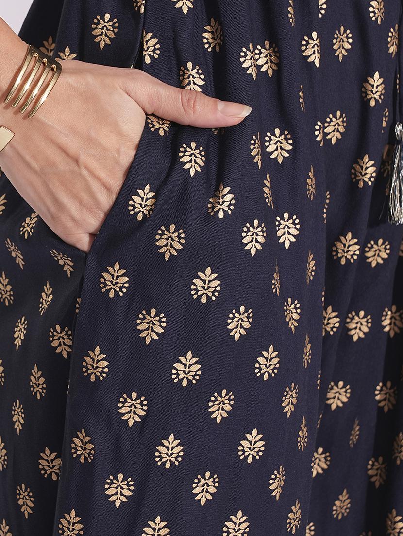 globus women blue notched lapel puff sleeves gold foil ethnic print waist tie-up tassel detail fusion jumpsuit - 21704478 - Standard Image - 5