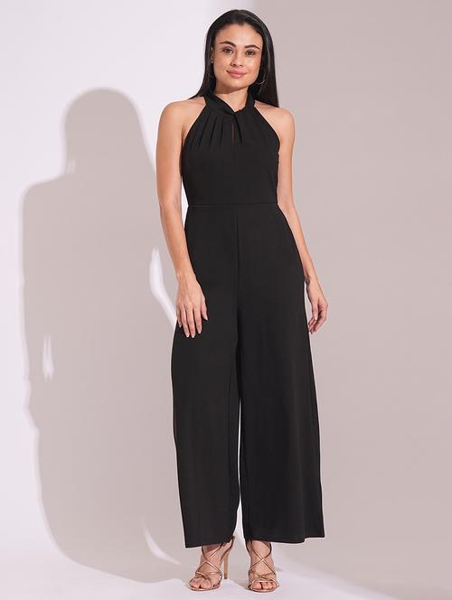 globus women black twisted pleated detail keyhole halter neck wide leg workwear jumpsuit - 21704479 - Standard Image - 0
